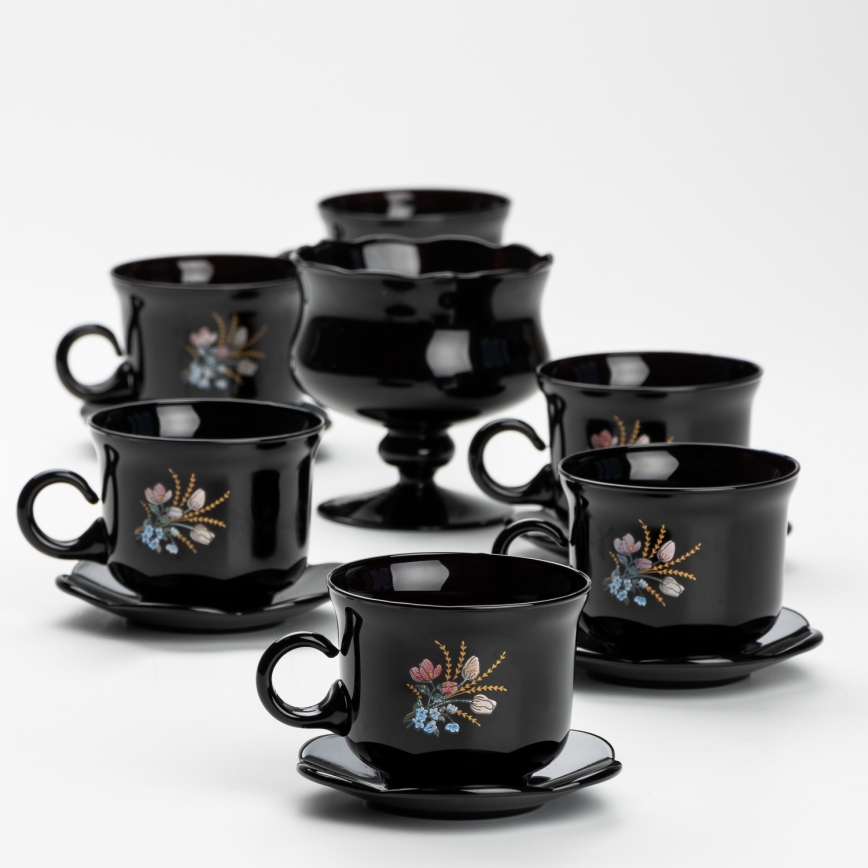 Set 6x tazza di vetro con piattino e 1x zuccheriera nero bouquet no 1