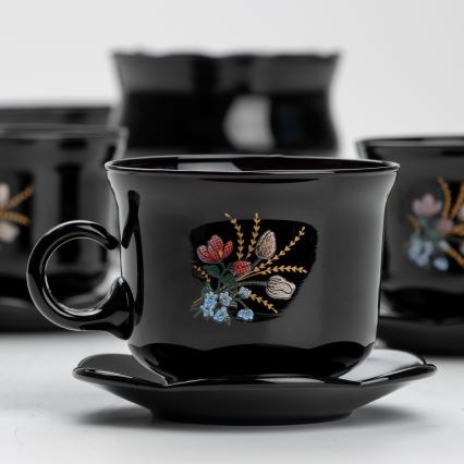 Set 6x tazza di vetro con piattino e 1x zuccheriera nero bouquet no 1
