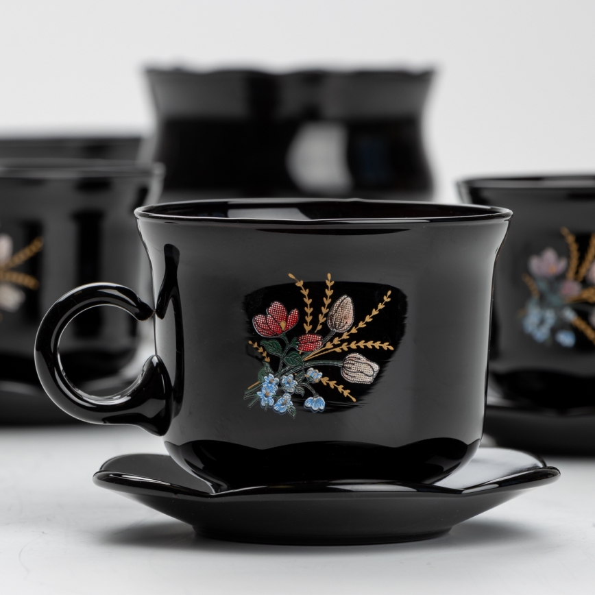 Set 6x tazza di vetro con piattino e 1x zuccheriera nero bouquet no 1