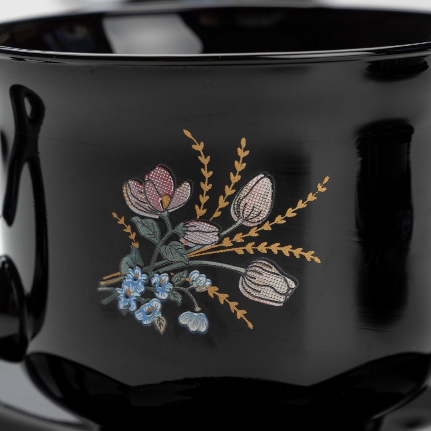 Set 6x tazza di vetro con piattino e 1x zuccheriera nero bouquet no 1