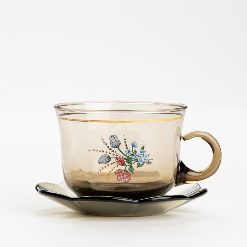 Set 6x tazza di vetro con piattino fumé bouquet no 2