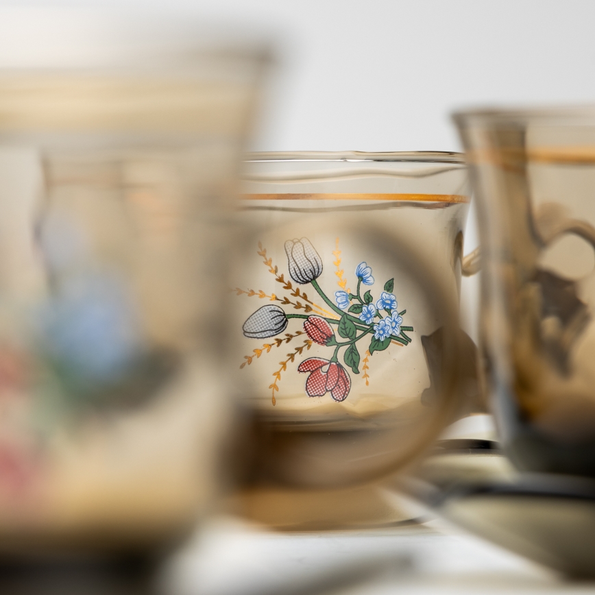 Set 6x tazza di vetro con piattino fumé bouquet no 2