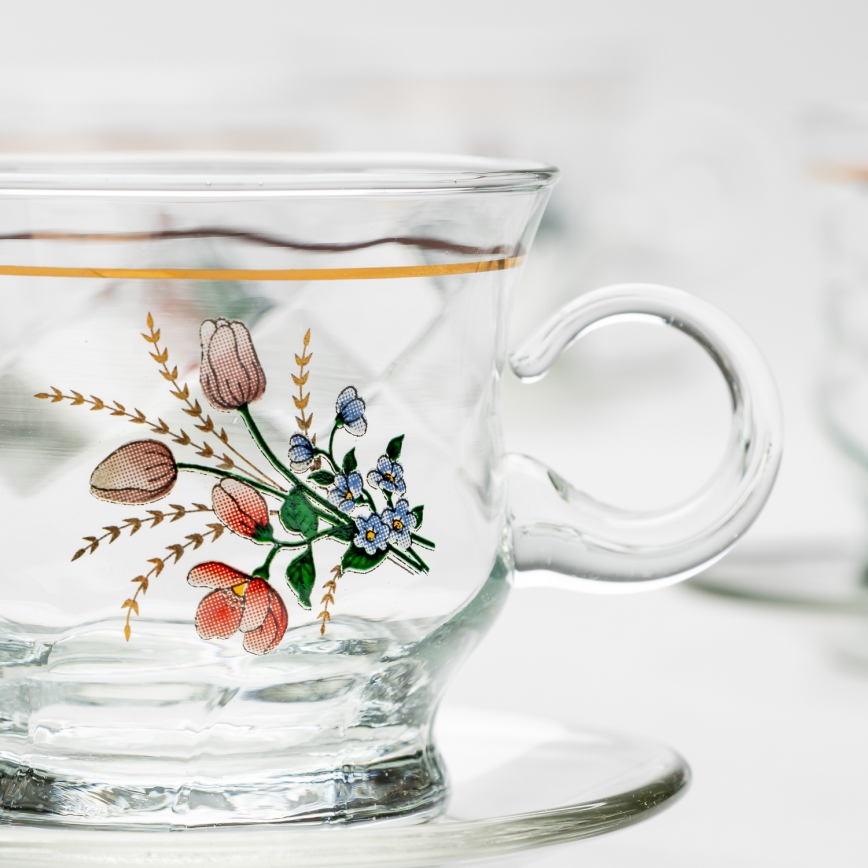 Set 6x tazza di vetro con piattino limpido bouquet no 3