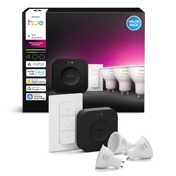 Set base Philips Hue WHITE AND COLOR AMBIANCE 3xGU10/4,2W 2000-6500K + dispositivo di collegamento