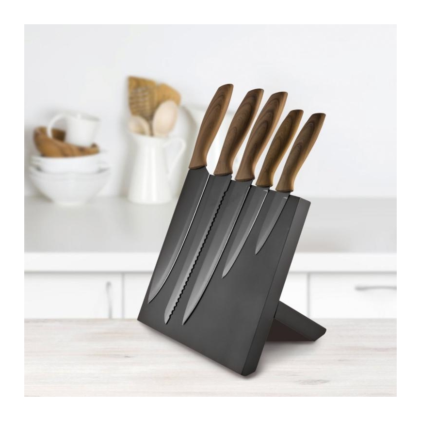 Set coltelli in acciaio inox 5 pz con supporto magnetico legno/nero