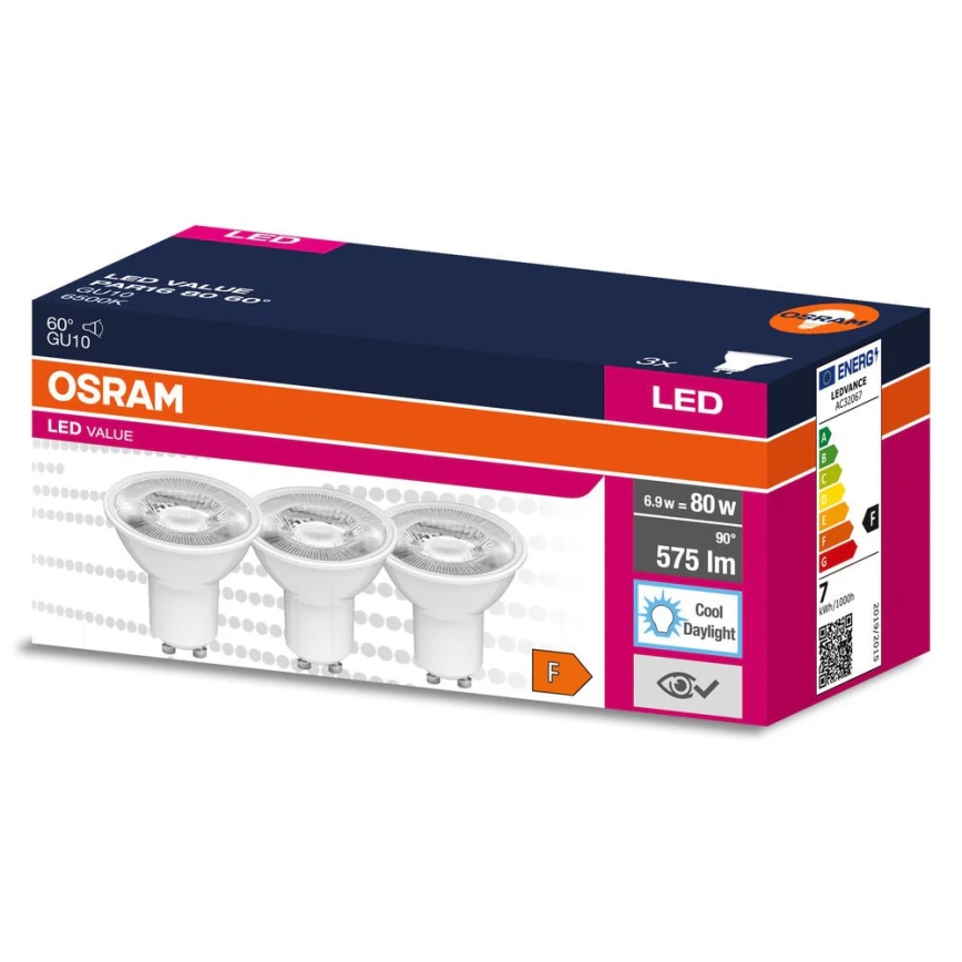 Set da 3 lampadine LED a riflettore PAR16 GU10/6,9W/230V 6500K 60° - Osram