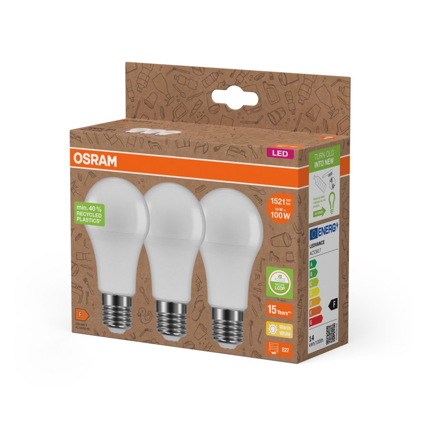 Set da 3 lampadine LED in plastica riciclata A100 E27/14W/230V 2700K - Osram