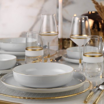 Set da tavola 24 pezzi, porcellana bianca con dettagli oro