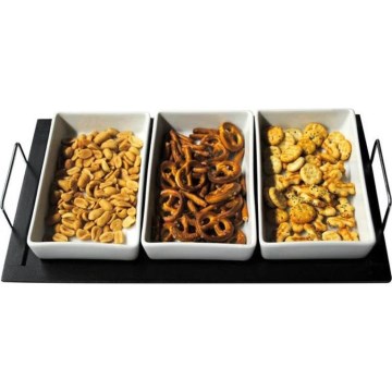 Set di 3 ciotole con vassoio TORO in ceramica e legno