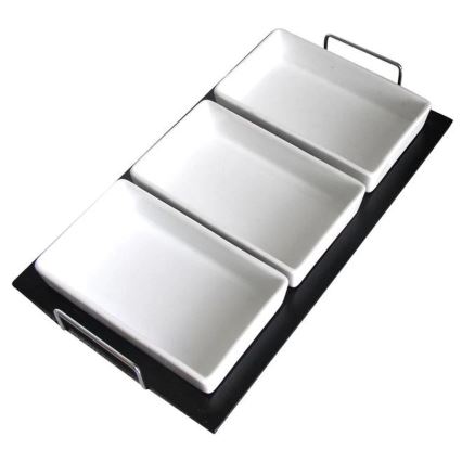 Set di 3 ciotole con vassoio TORO in ceramica e legno