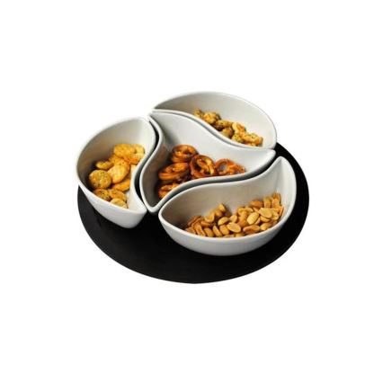 Set di 4 ciotole con vassoio TORO in ceramica e legno