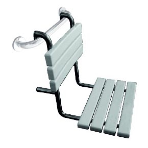 Siège de douche 44 x 50 cm, finition argentée et assise blanche