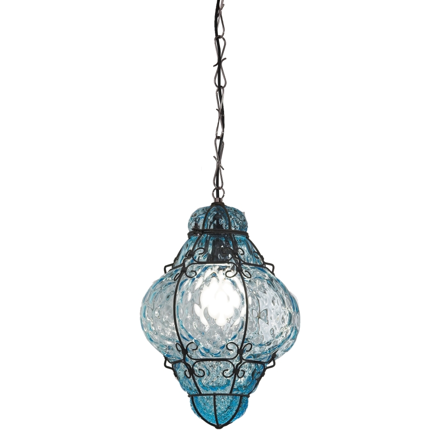 SIRU- Hängeleuchte an Kette CLASSIC 1xE27/60W/230V d 30 cm blau/schwarz Venezianisches Glas