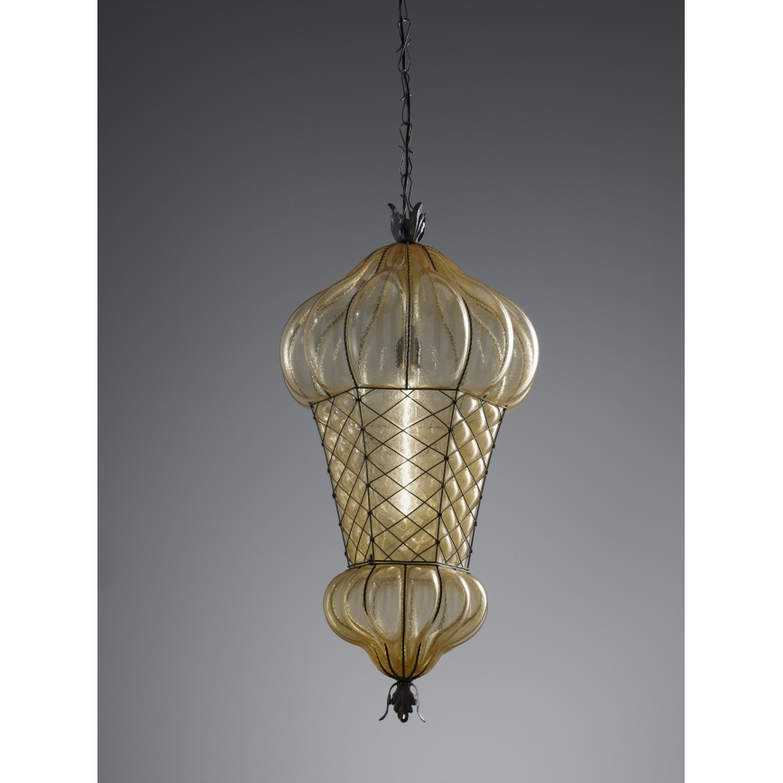 SIRU - Lampadario a sospensione con catena BABÀ 1xE27/60W/230V diametro 30 cm beige/marrone Vetro veneziano