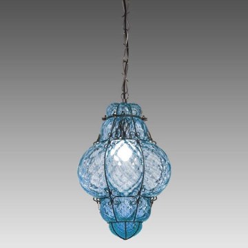 SIRU- Lampadario a sospensione con catena CLASSIC 1xE27/60W/230V diametro 30 cm blu/nero Vetro veneziano