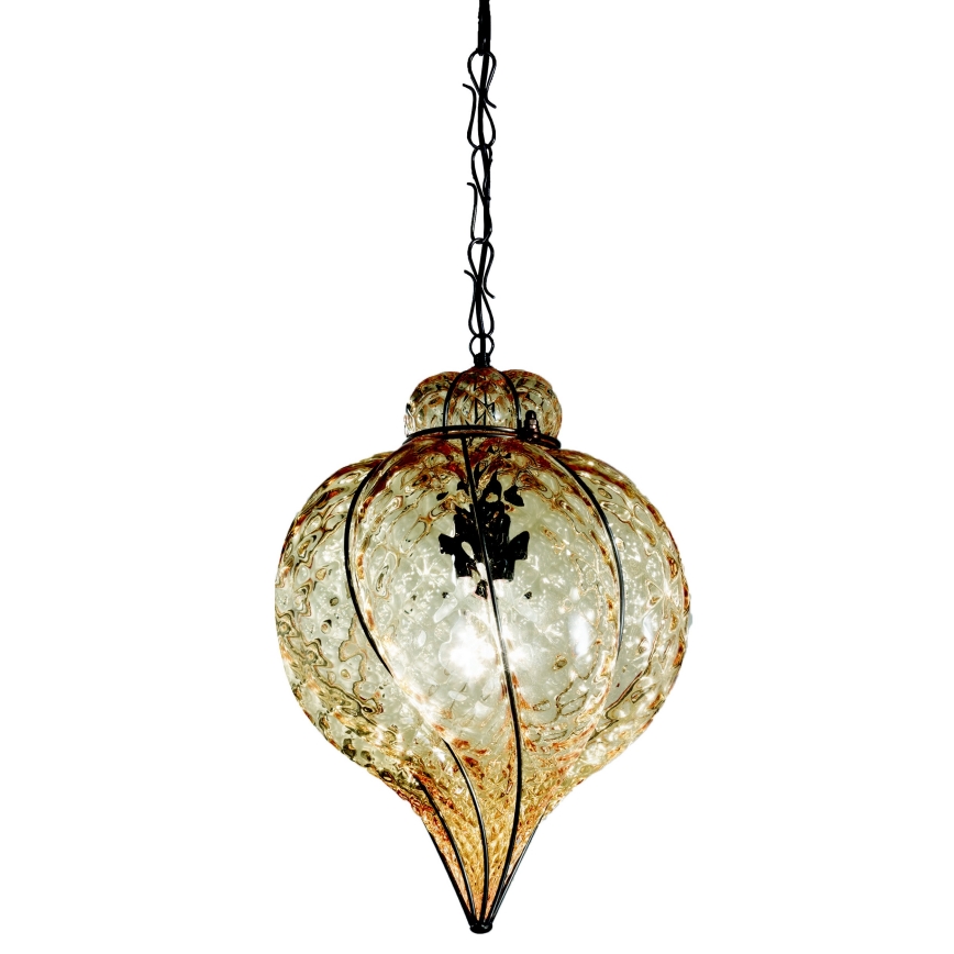 SIRU - Lampadario a sospensione con catena GOCCIA 1xE27/60W/230V diametro 25 cm beige/marrone Vetro veneziano