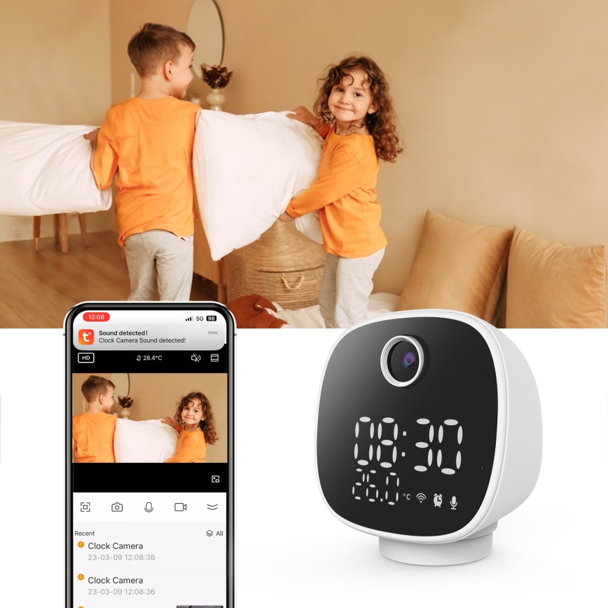 Telecamera intelligente con sveglia, termometro e luce LED 1296p 3Mpx 5V Wi-Fi Tuya IP65