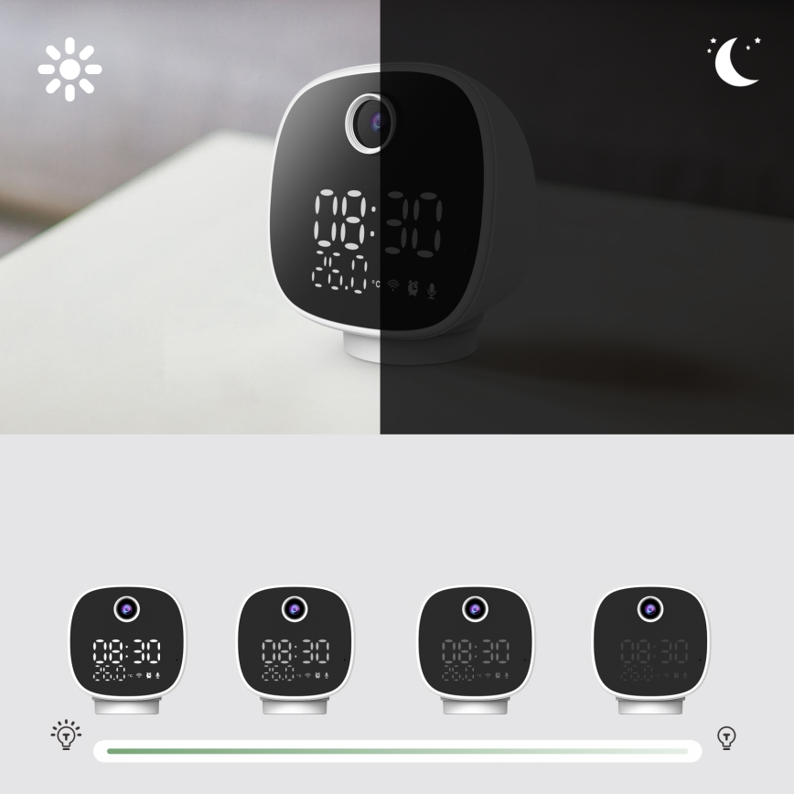 Telecamera intelligente con sveglia, termometro e luce LED 1296p 3Mpx 5V Wi-Fi Tuya IP65