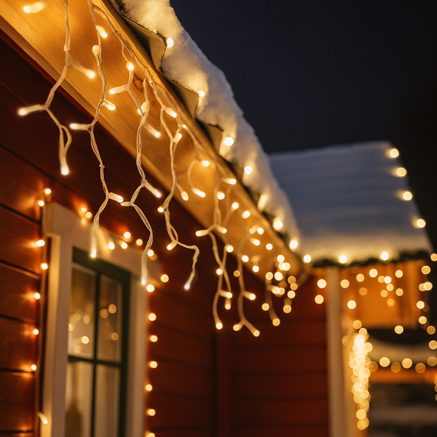 Rideau lumineux LED d'extérieur 360 LED/8 fonctions, 15 m, IP44, blanc chaud