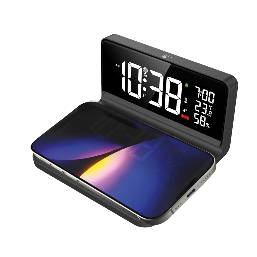 Réveil avec écran LCD et charge sans fil Qi LED/10W/230V