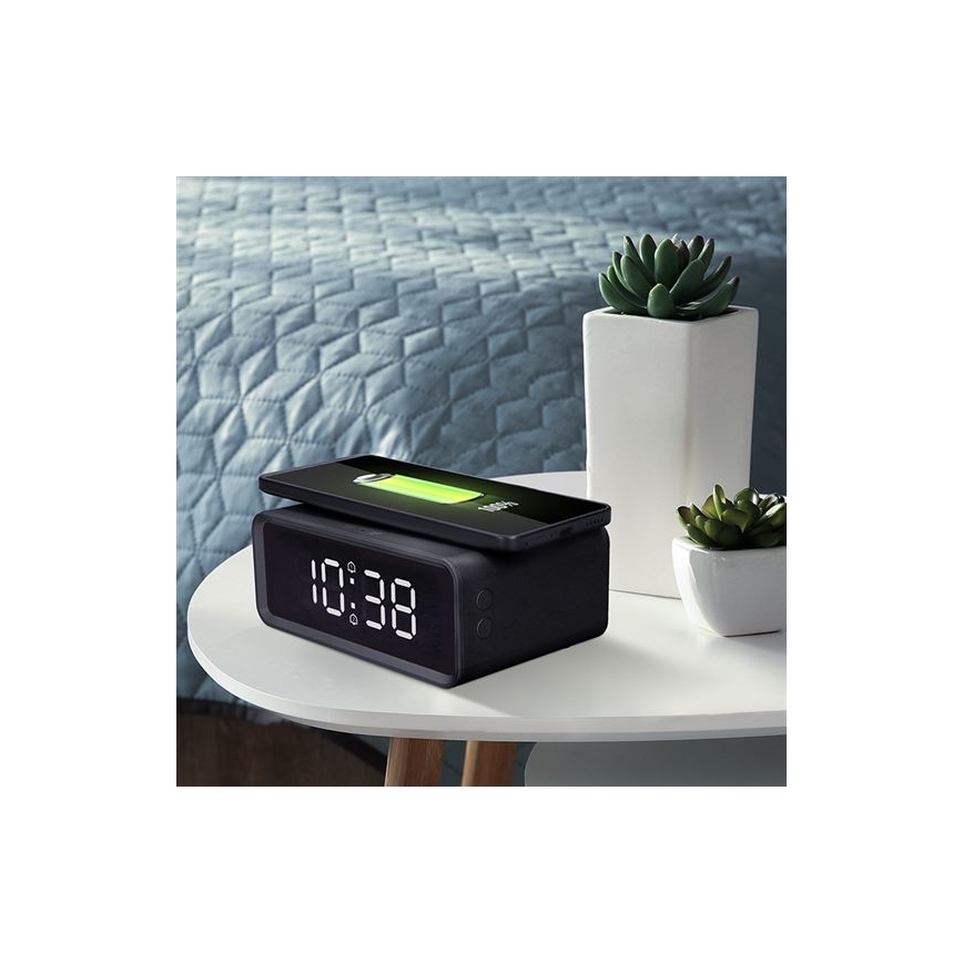 Digitaluhr mit Qi‑Ladefunktion (kabellos), 230 V / CR2032, schwarz