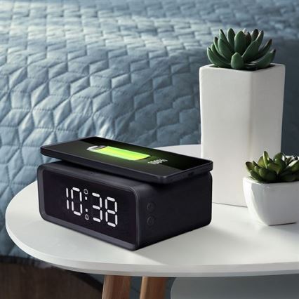 Horloge numérique avec chargeur sans fil Qi (230V / pile CR2032) — noire