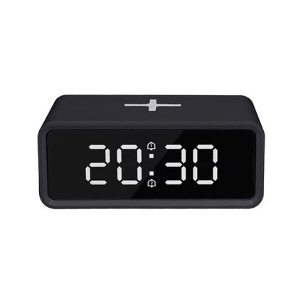 Horloge numérique avec chargeur sans fil Qi (230V / pile CR2032) — noire