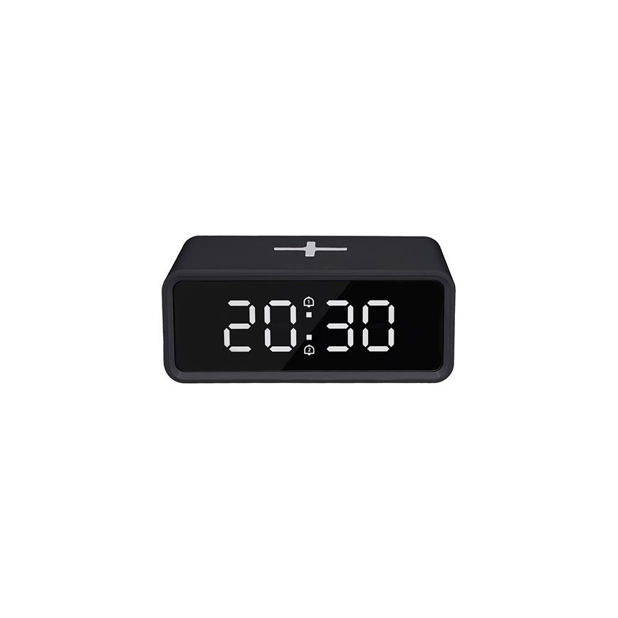 Horloge numérique avec chargeur sans fil Qi (230V / pile CR2032) — noire