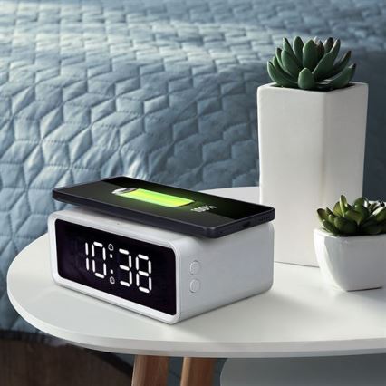 Digitaluhr mit kabelloser Qi-Ladefunktion 230V/CR2032 weiß