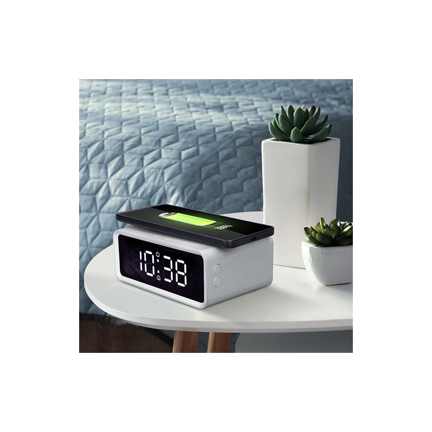 Orologio digitale con ricarica wireless Qi, alimentazione 230V e batteria tampone CR2032, bianco