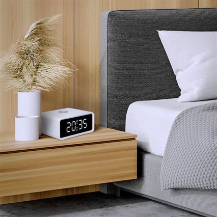 Orologio digitale con ricarica wireless Qi, alimentazione 230V e batteria tampone CR2032, bianco