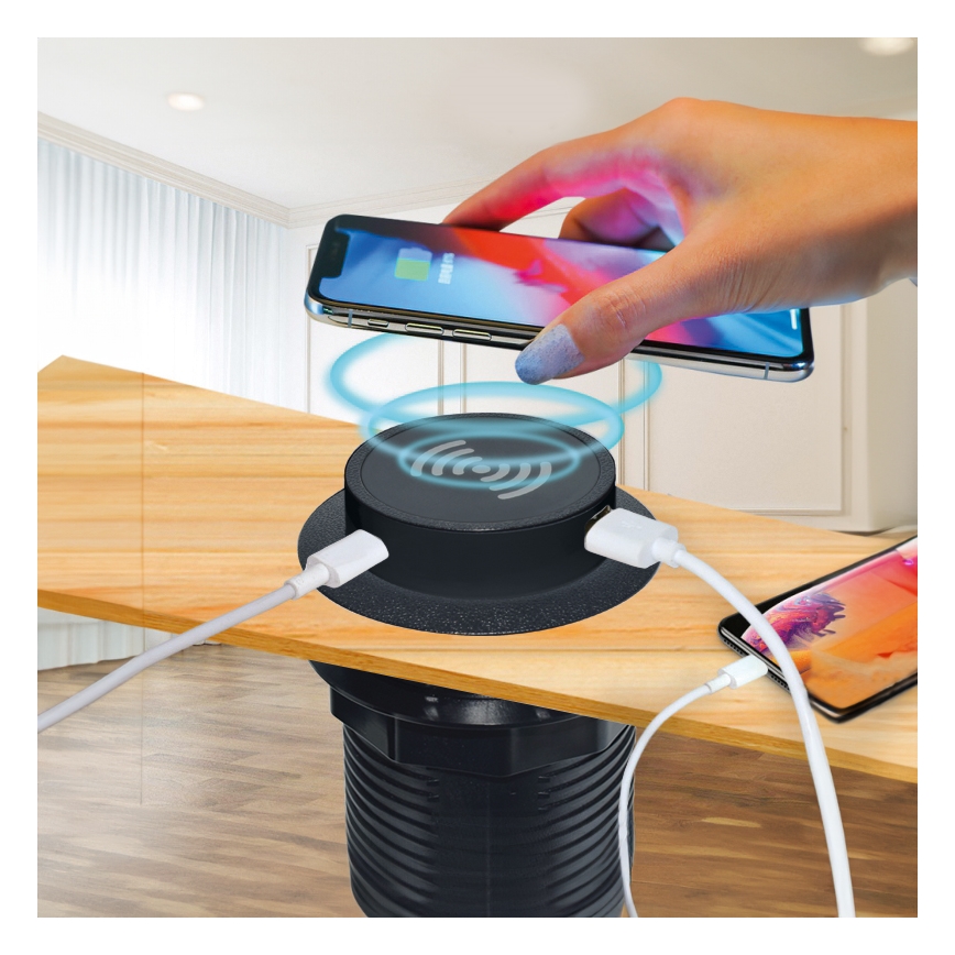 Caricabatterie wireless integrato + USB A+C nero