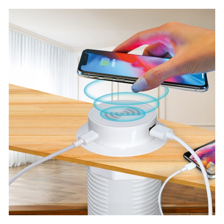 Chargeur sans fil intégré + USB A+C blanc