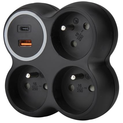 Multiprise 3 prises 15 A avec ports USB-A et USB-C, noire