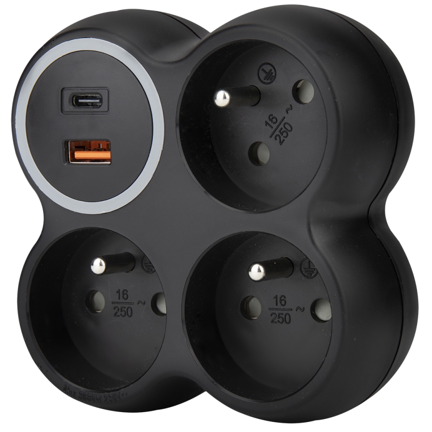 Multiprise 3 prises 15 A avec ports USB-A et USB-C, noire