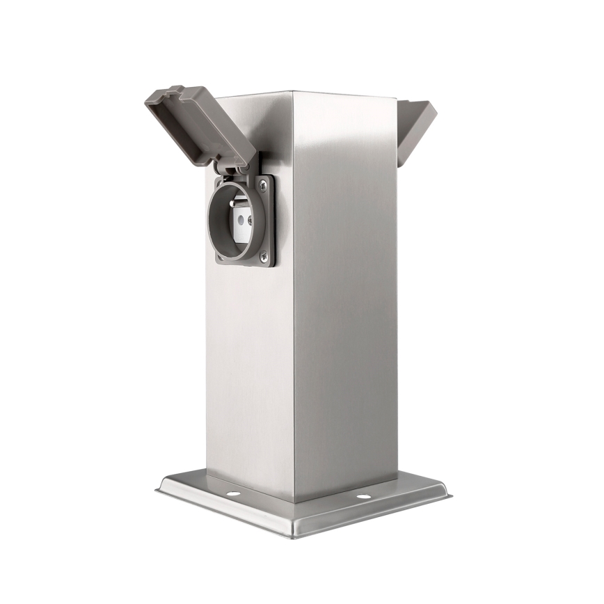 Borne prises électriques extérieure 2Z 230V IP44 chrome mat angulaire