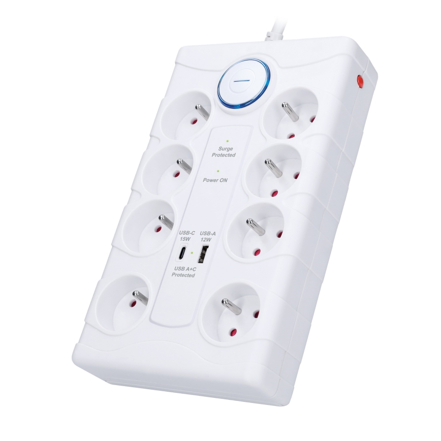 Rallonge avec interrupteur 8Z Type E + 1xUSB-A + 1xUSB-C 2m blanche