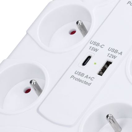Rallonge avec interrupteur 8Z Type E + 1xUSB-A + 1xUSB-C 2m blanche