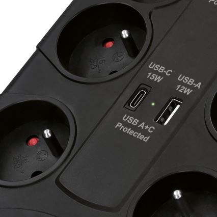 Steckdosenleiste mit Schalter, 8-fach, Typ E, 1x USB-A + 1x USB-C, 2 m, schwarz