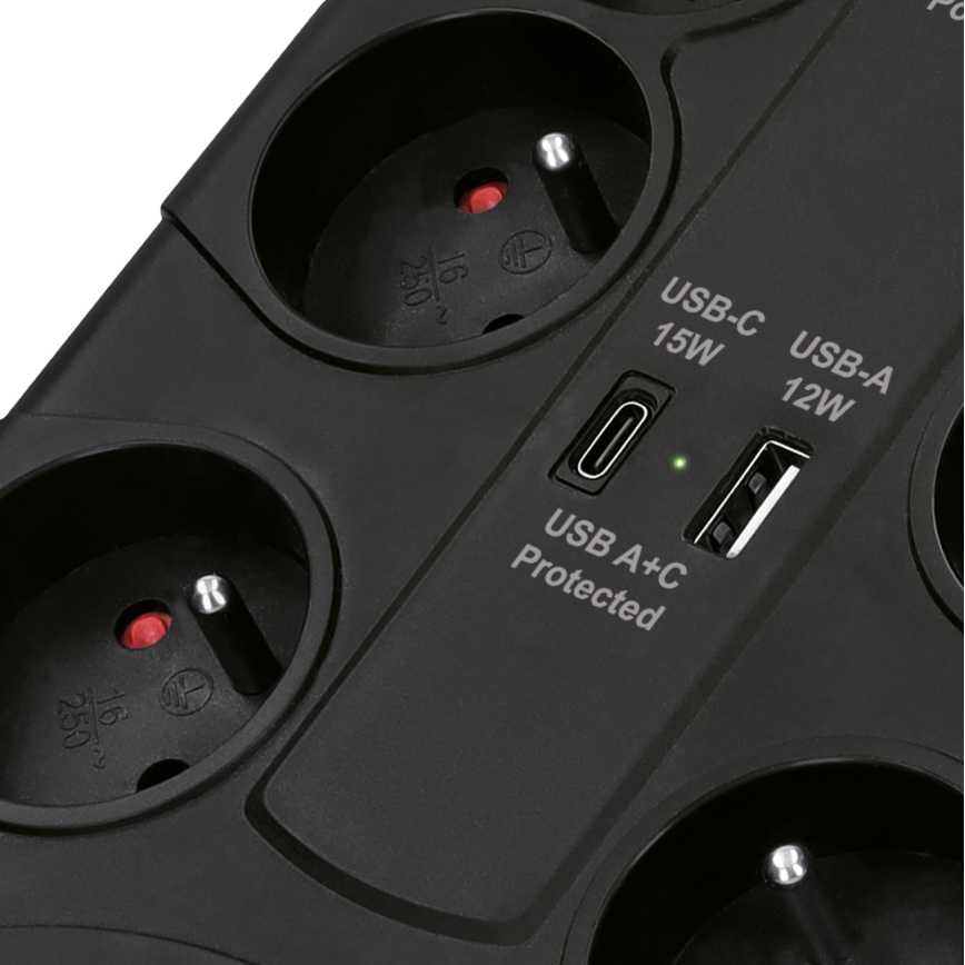 Steckdosenleiste mit Schalter, 8-fach, Typ E, 1x USB-A + 1x USB-C, 2 m, schwarz