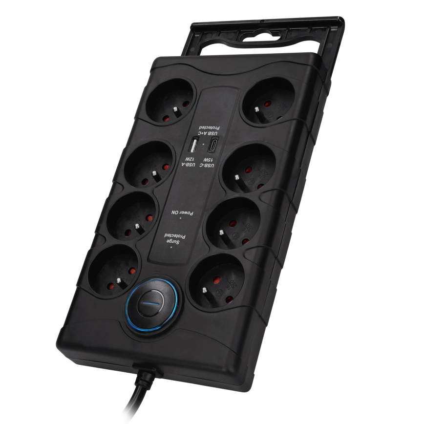 Steckdosenleiste mit Schalter, 8-fach, Typ E, 1x USB-A + 1x USB-C, 2 m, schwarz