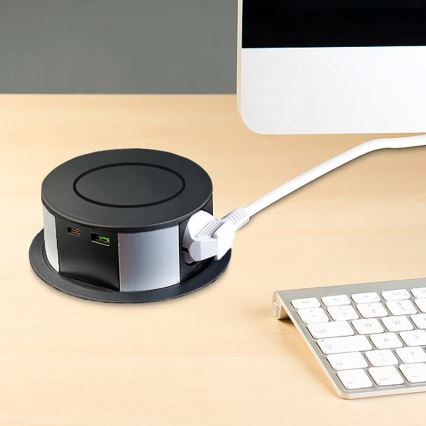 Colonna per tavolo con ricarica wireless Qi 3x230V + 1xUSB-A + 1xUSB-C nero/argento