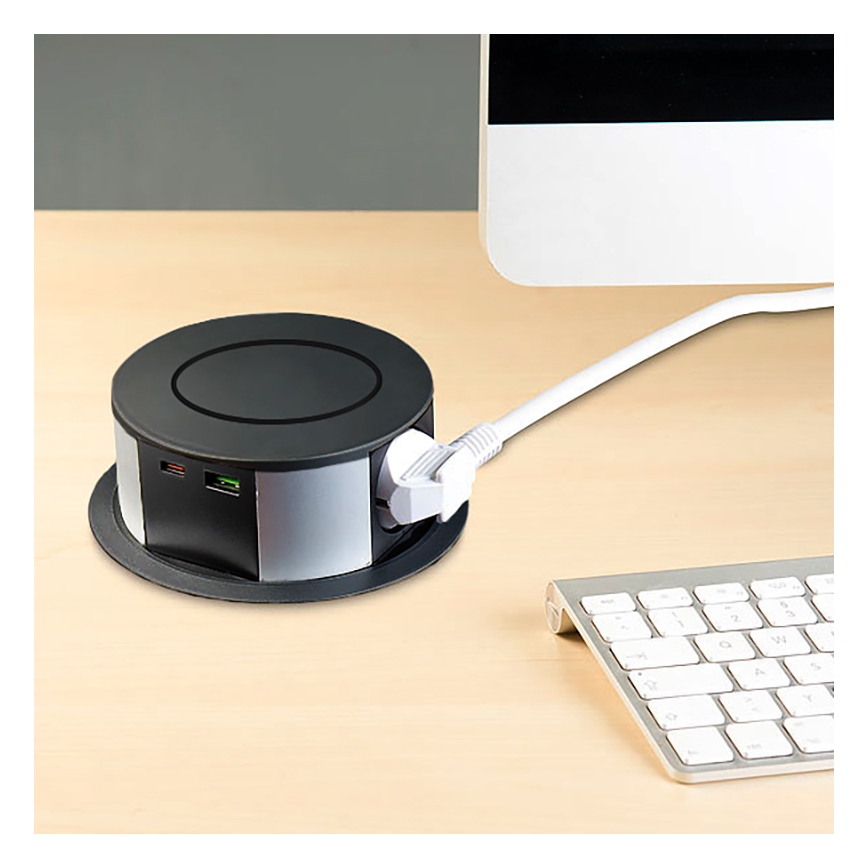 Colonne de prises pour table avec chargeur sans fil Qi 3x230V + 1xUSB-A + 1xUSB-C noir/argent