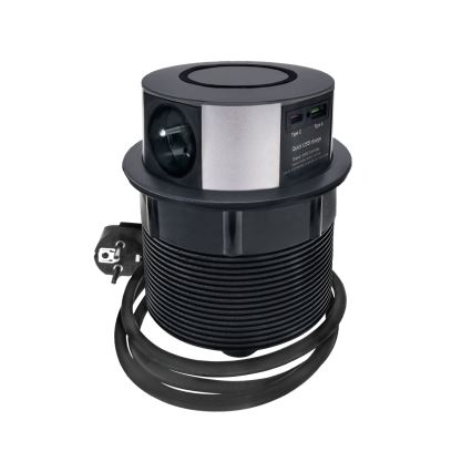 Colonne de prises pour table avec chargeur sans fil Qi 3x230V + 1xUSB-A + 1xUSB-C noir/argent