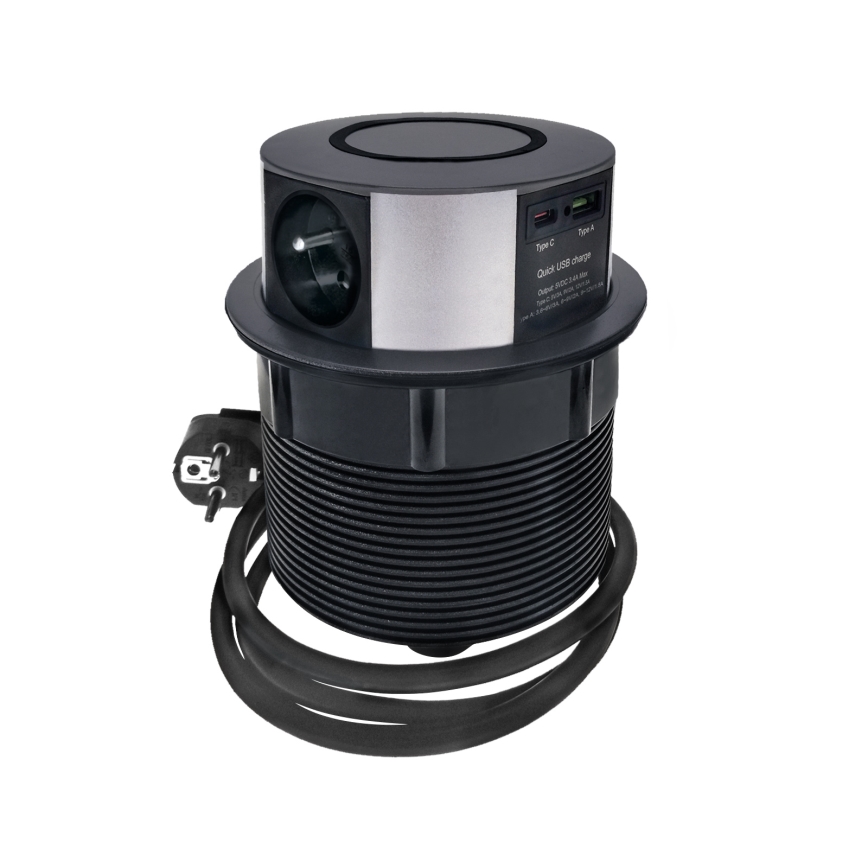 Colonne de prises pour table avec chargeur sans fil Qi 3x230V + 1xUSB-A + 1xUSB-C noir/argent