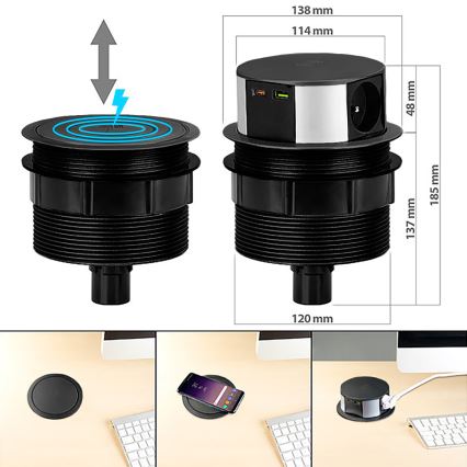 Colonne de prises pour table avec chargeur sans fil Qi 3x230V + 1xUSB-A + 1xUSB-C noir/argent