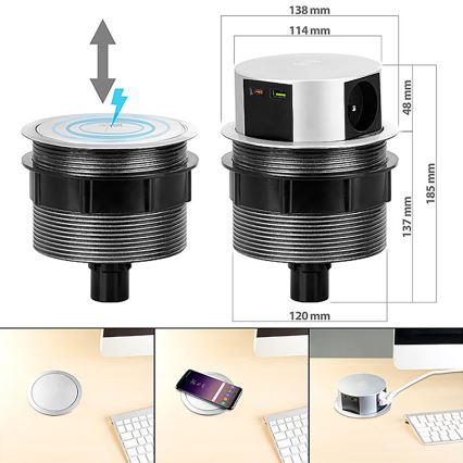 Colonne de prises pour table avec chargeur sans fil Qi 3x230V + 1xUSB-A + 1xUSB-C argent/noir