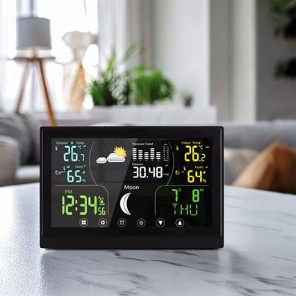 Station météo noire à écran couleur — alimentation 5V/2xAAA