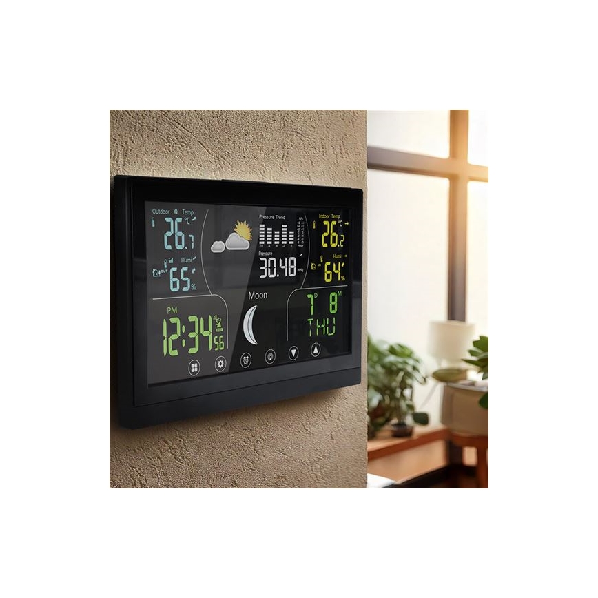 Station météo noire à écran couleur — alimentation 5V/2xAAA