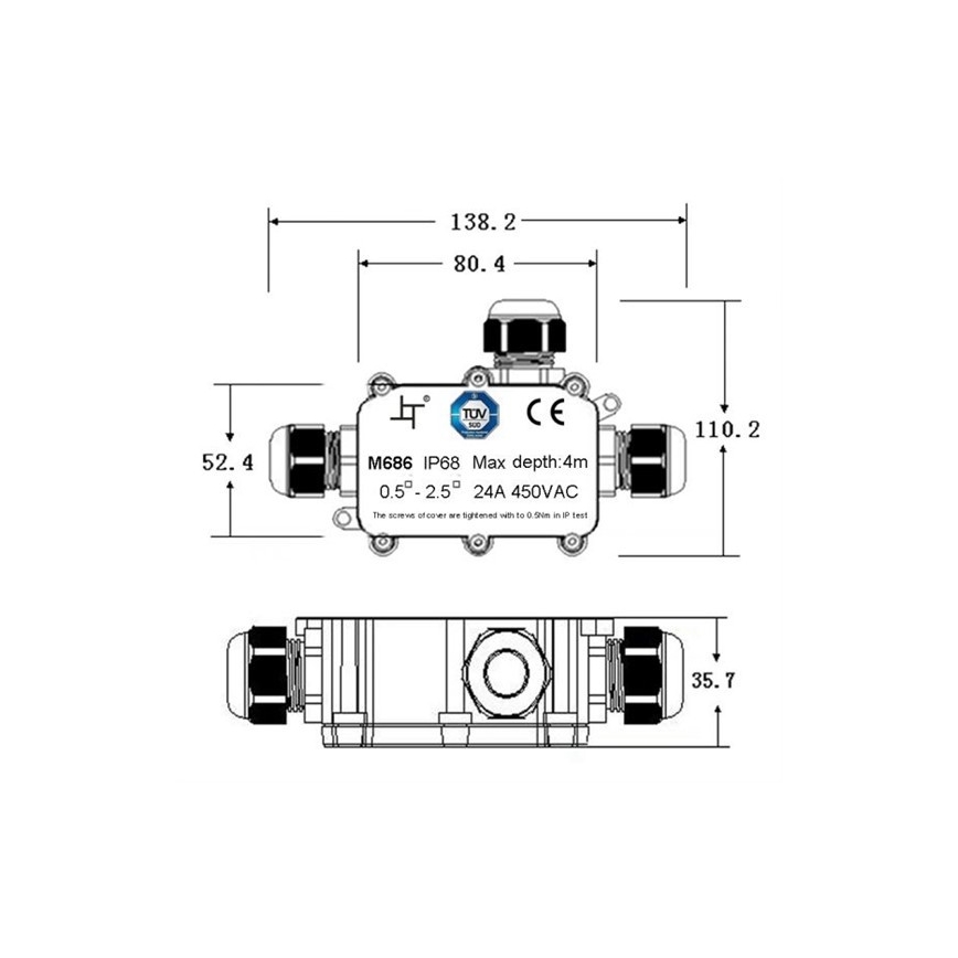 Boîte de jonction étanche 24A/450V AC IP68